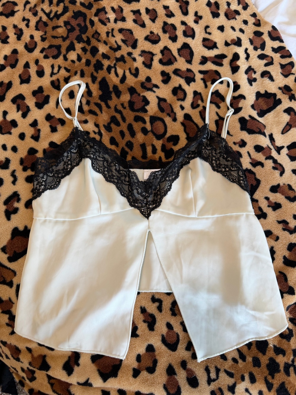 Ina White Satin Chemise with Black Lace Trim